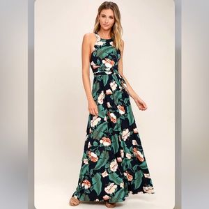 Navy Blue Floral Print Maxi Dress